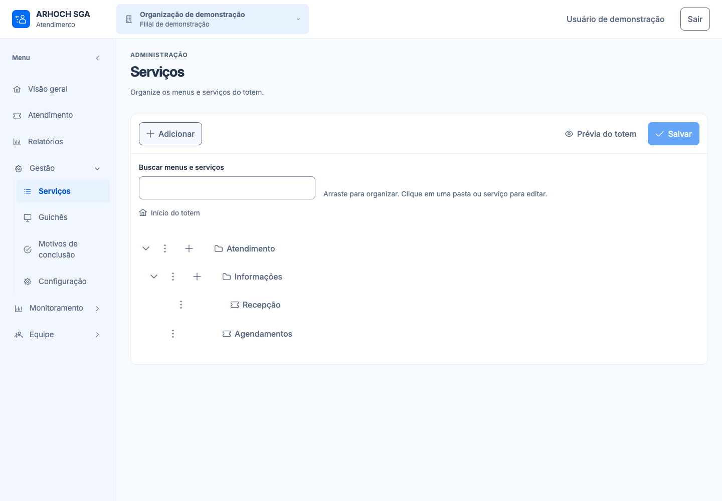 Catálogo real de serviços da ARHOCH SGA em português, com configuração de demonstração.
