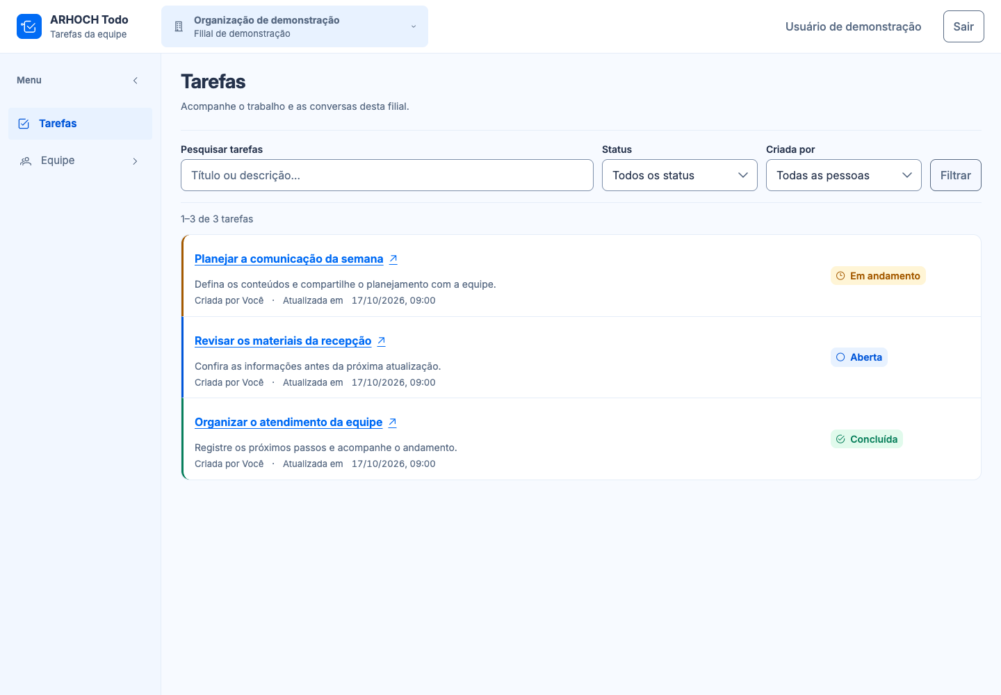 Lista real de tarefas da ARHOCH Todo em português, com tarefas de demonstração.